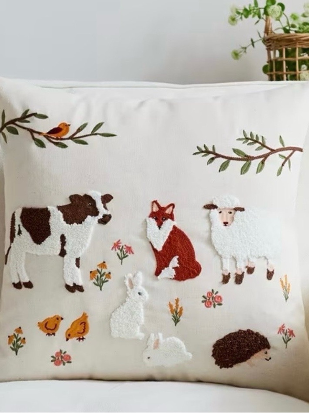 Appliqué Embroidered Animal Throw Pillow Cover - Cream
